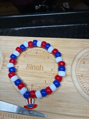 Patriotic Red White Blue Beaded Bracelet with Charm